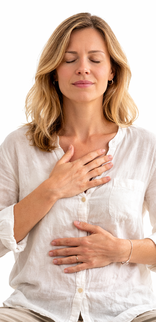 A woman practising calm, abdominal breathing