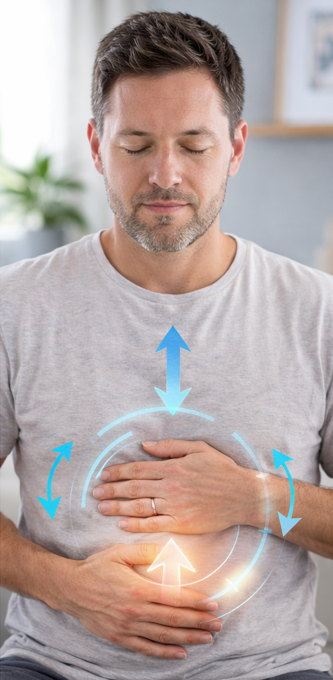 A man practising structured abdominal breathing