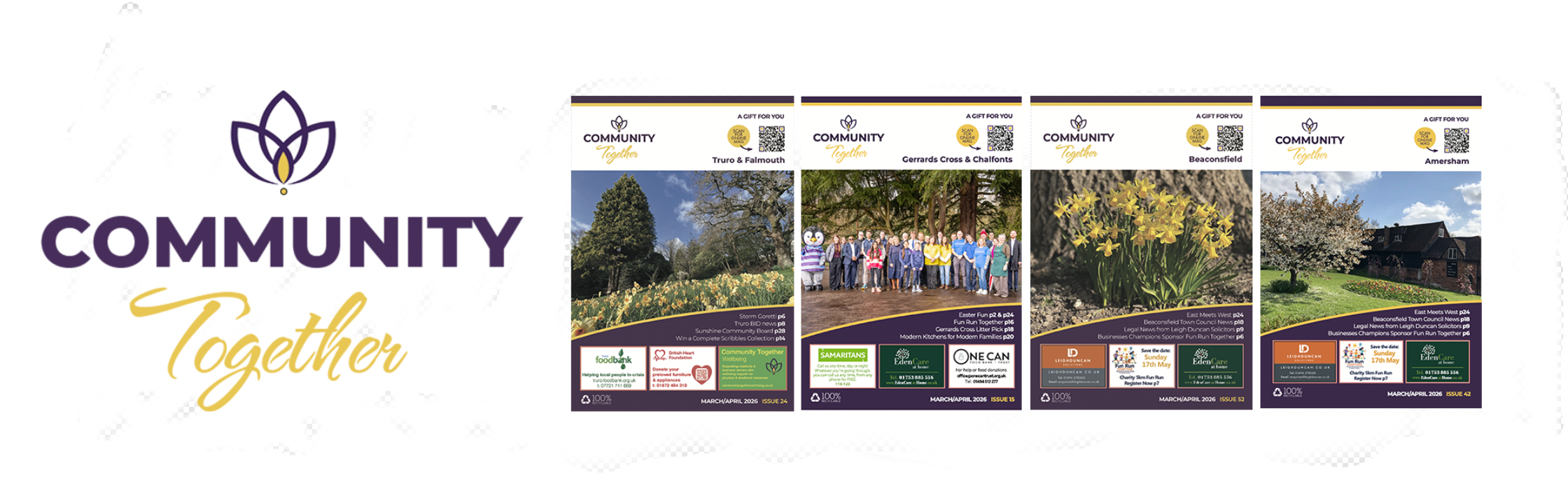 Recent covers of the Community Together magazines for Beaconsfield, Gerrards Cross, the Chalfonts and Amersham