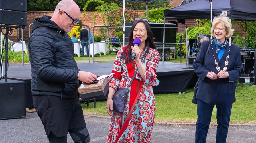 Therese Cooklin speaking at the Gerrards Cross Fun Run alongside the Mayor of Gerrards Cross and Celia Stuart-Lee